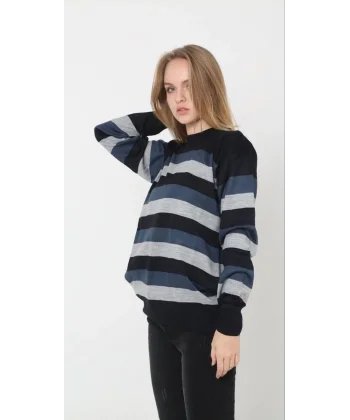 Unisex Kalın Çizgili Bisiklet Yaka Triko Kazak - Siyah