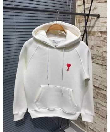 Unisex Kapşonlu Baskılı Sweetshirt - Beyaz