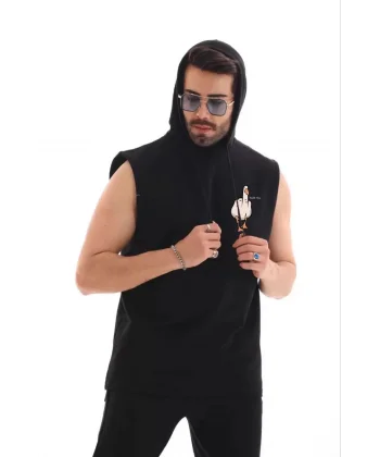 Unisex Kapşonlu Kolsuz Oversize Baskılı Tişört - Siyah
