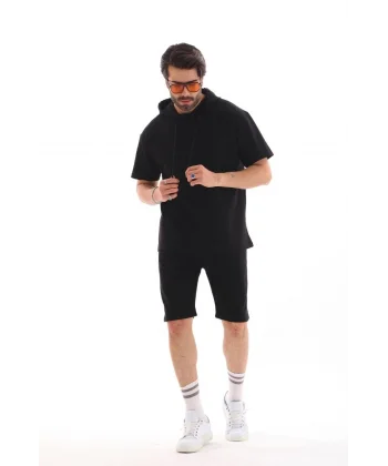 Unisex Kapşonlu Oversize T-Shirt Şortlu Takım - Siyah