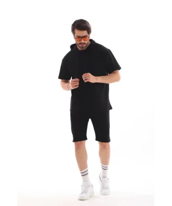 Unisex Kapşonlu Oversize T-Shirt Şortlu Takım - Siyah