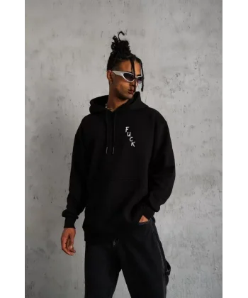 Unisex Kapşonlu Uzun Kol Baskılı Sweetshirt - Siyah