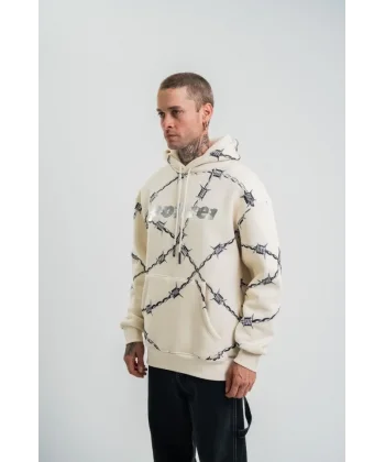 Unisex Kapşonlu Varak Ve Pano Baskılı SweatShirt - Bej