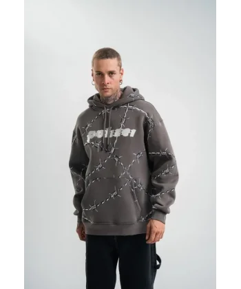 Unisex Kapşonlu Varak Ve Pano Baskılı SweatShirt - Füme