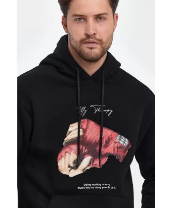 Unisex Kapüşonlu Üç İplik Oversize Baskılı Sweatshirt - Siyah