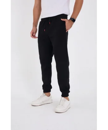 Unisex Kışlık Üç İplik Lastikli Eşofman Pantolon - Siyah