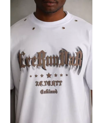 Unisex Kuşgözü Detaylı Baskılı Oversize T-Shirt - Beyaz