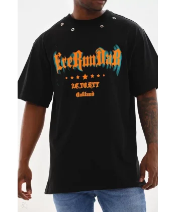 Unisex Kuşgözü Detaylı Baskılı Oversize T-Shirt - Siyah