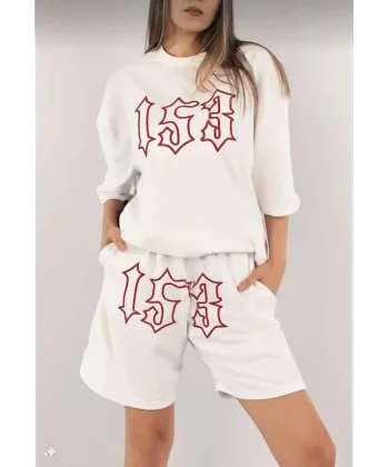 Unisex Nakış İşlemeli Şort Takım  Beyaz