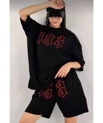 Unisex Nakış İşlemeli Şort Takım  iyah