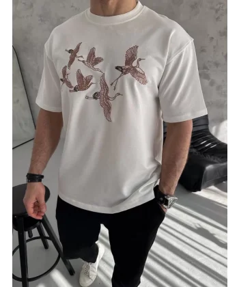 Unisex Nakış İşlemeli T-Shirt - Beyaz