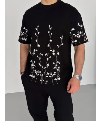 Unisex Nakış İşlemeli T-Shirt - Siyah