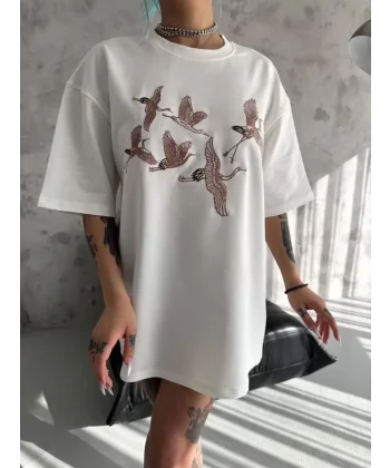 Unisex Nakış İşlemeli Thirt  Beyaz