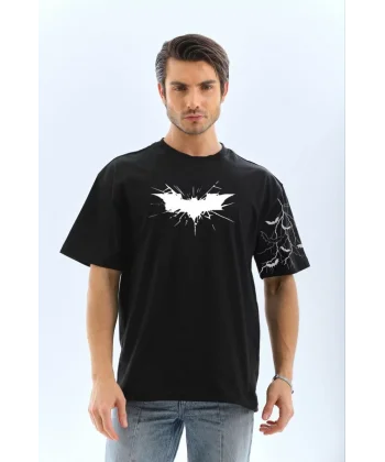 Unisex Ön ve Kol Baskılı Oversize T-shirt - Siyah