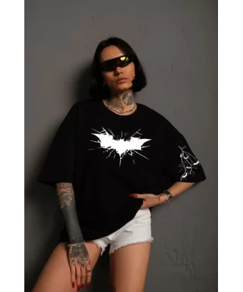 Unisex Ön Ve Kol Baskılı Oversize Tshirt  iyah
