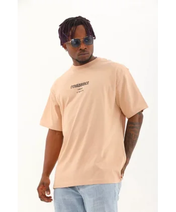 Unisex Oversize Baskılı Bisiklet Yaka T-Shirt - Bej