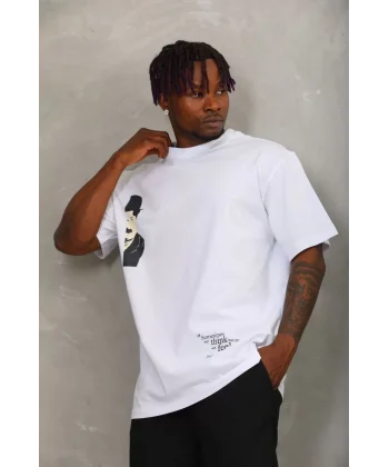 Unisex Oversize Baskılı Bisiklet Yaka T-Shirt - Beyaz