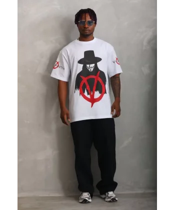 Unisex Oversize Baskılı Bisiklet Yaka T-Shirt - Beyaz