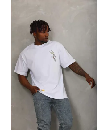 Unisex Oversize Baskılı Bisiklet Yaka T-Shirt - Beyaz