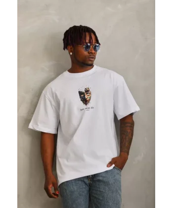 Unisex Oversize Baskılı Bisiklet Yaka T-Shirt - Beyaz