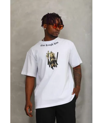 Unisex Oversize Baskılı Bisiklet Yaka T-Shirt - Beyaz