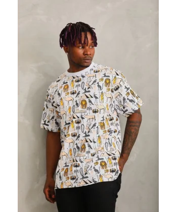 Unisex Oversize Baskılı Bisiklet Yaka T-Shirt - Beyaz