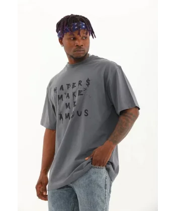 Unisex Oversize Baskılı Bisiklet Yaka T-Shirt - Füme