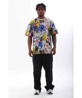 Unisex Oversize Baskılı Bisiklet Yaka T-Shirt - Gri