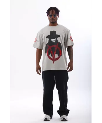 Unisex Oversize Baskılı Bisiklet Yaka T-Shirt - Gri