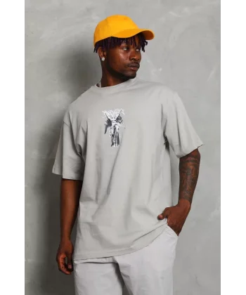 Unisex Oversize Baskılı Bisiklet Yaka T-Shirt - Gri