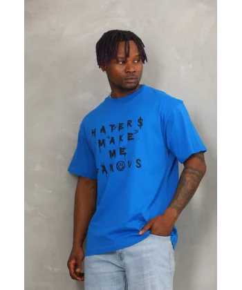 Unisex Oversize Baskılı Bisiklet Yaka T-Shirt - Mavi