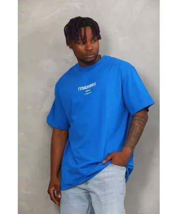 Unisex Oversize Baskılı Bisiklet Yaka T-Shirt - Mavi