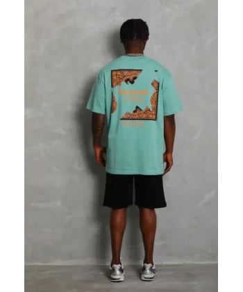 Unisex Oversize Baskılı Bisiklet Yaka T-Shirt - Mint Yeşili