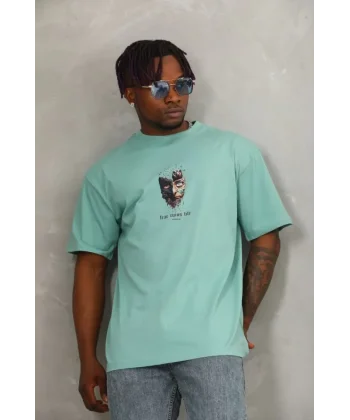 Unisex Oversize Baskılı Bisiklet Yaka T-Shirt - Mint Yeşili