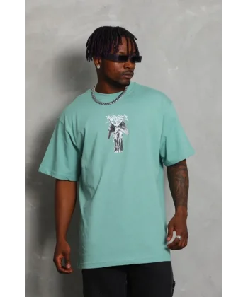 Unisex Oversize Baskılı Bisiklet Yaka T-Shirt - Mint Yeşili