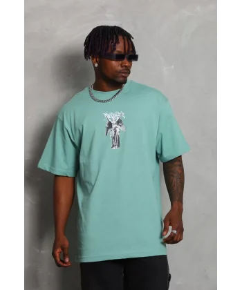 Unisex Oversize Baskılı Bisiklet Yaka T-Shirt - Mint Yeşili