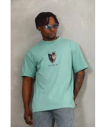 Unisex Oversize Baskılı Bisiklet Yaka T-Shirt - Mint Yeşili