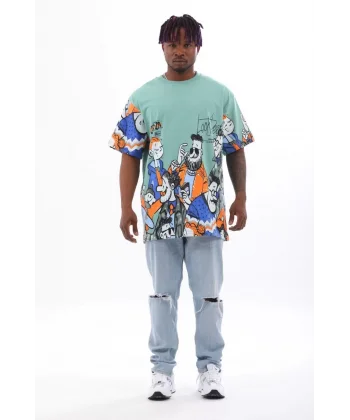 Unisex Oversize Baskılı Bisiklet Yaka T-Shirt - Mint Yeşili