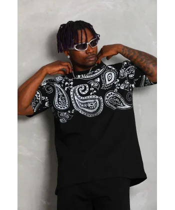 Unisex Oversize Baskılı Bisiklet Yaka T-Shirt - Siyah