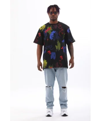 Unisex Oversize Baskılı Bisiklet Yaka T-Shirt - Siyah