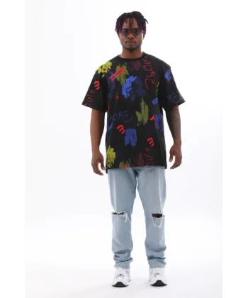 Unisex Oversize Baskılı Bisiklet Yaka T-Shirt - Siyah