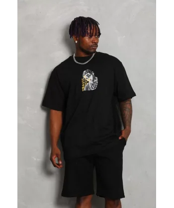 Unisex Oversize Baskılı Bisiklet Yaka T-Shirt - Siyah