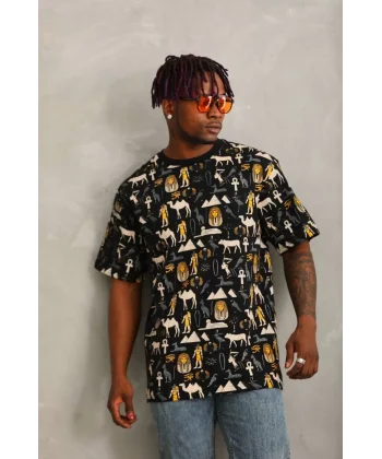 Unisex Oversize Baskılı Bisiklet Yaka T-Shirt - Siyah