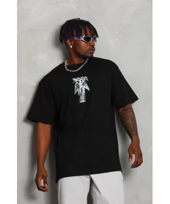 Unisex Oversize Baskılı Bisiklet Yaka T-Shirt - Siyah