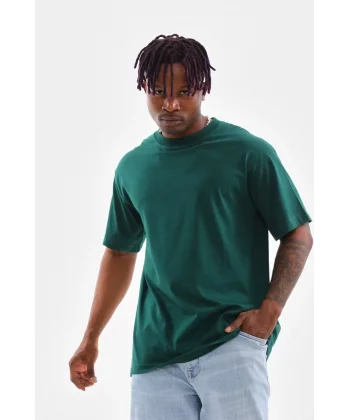 Unisex Oversize Düz Bisiklet Yaka T-Shirt - Koyu Yeşili