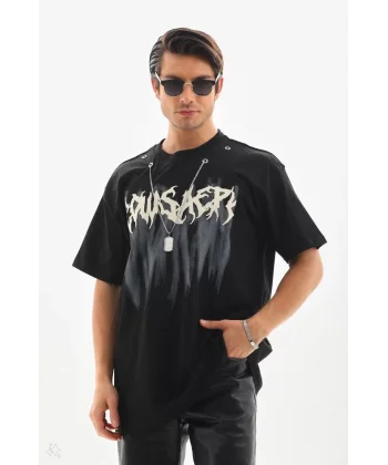 Unisex Oversize Kolye Dahil T-Shirt - Siyah