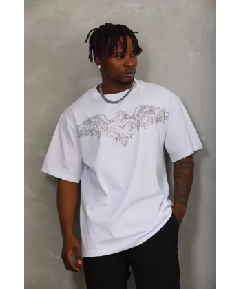 Unisex Oversize Taşlı Bisiklet Yaka T-Shirt - Beyaz