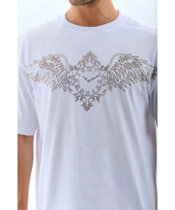 Unisex Oversize Taşlı Bisiklet Yaka T-Shirt - Beyaz