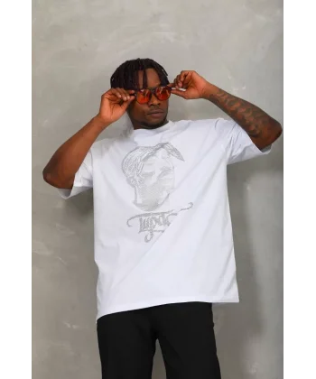 Unisex Oversize Taşlı Bisiklet Yaka T-Shirt - Beyaz