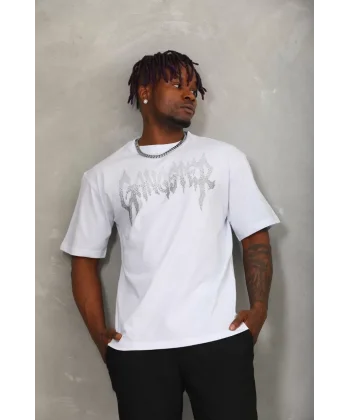 Unisex Oversize Taşlı Bisiklet Yaka T-Shirt - Beyaz